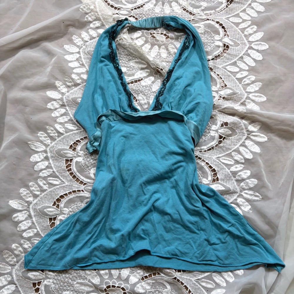 Y2K Babydoll Teal Turquoise Blue Sequin Trim Silk Tie Back Halter Top Small Y2K